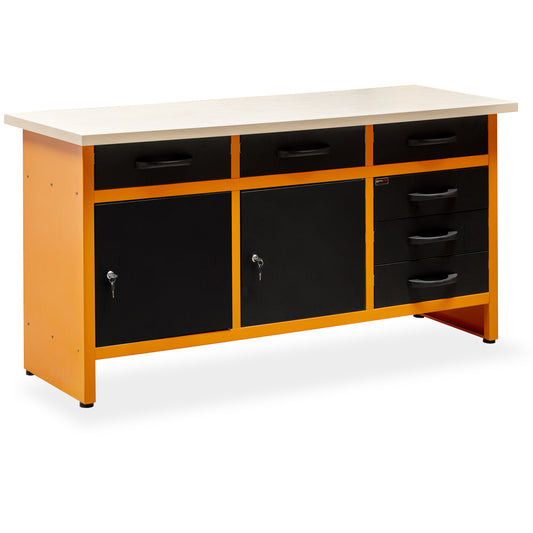 Metal Workbench with 6 Drawers and 2 Cabinets with Lock and Key.