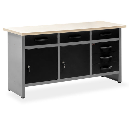 Metal Workbench with 6 Drawers and 2 Cabinets with Lock and Key.