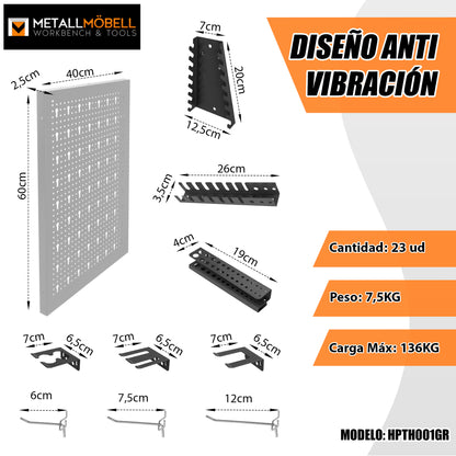 Kit de 4 Panneaux Perforés 40x60x2Cm + Crochet et Support Kit Outils d'Organisation 22 unités. HPTH001