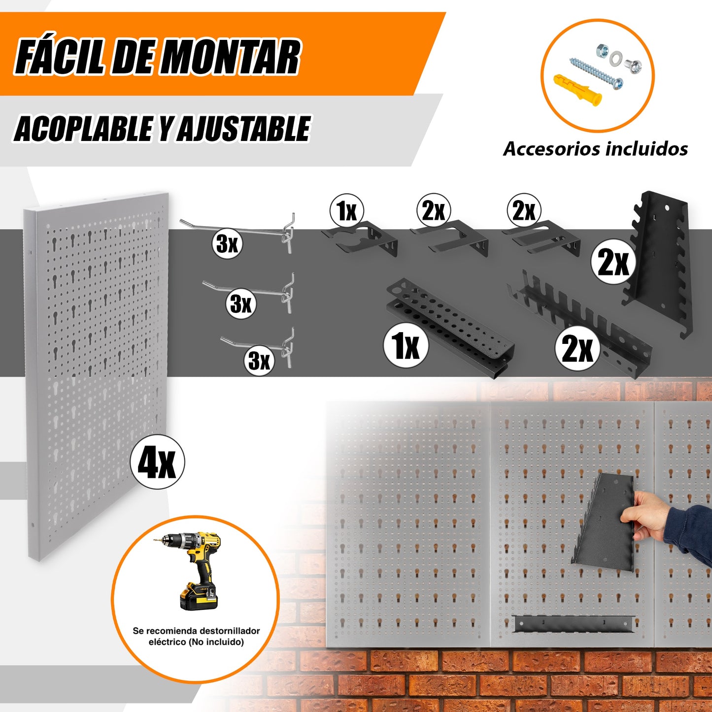 Kit de 4 Panneaux Perforés 40x60x2Cm + Crochet et Support Kit Outils d'Organisation 22 unités. HPTH001