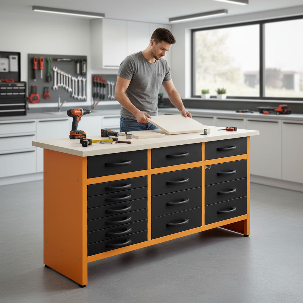 Banco da lavoro da officina con 15 cassetti in metallo da 160x60x92cm.