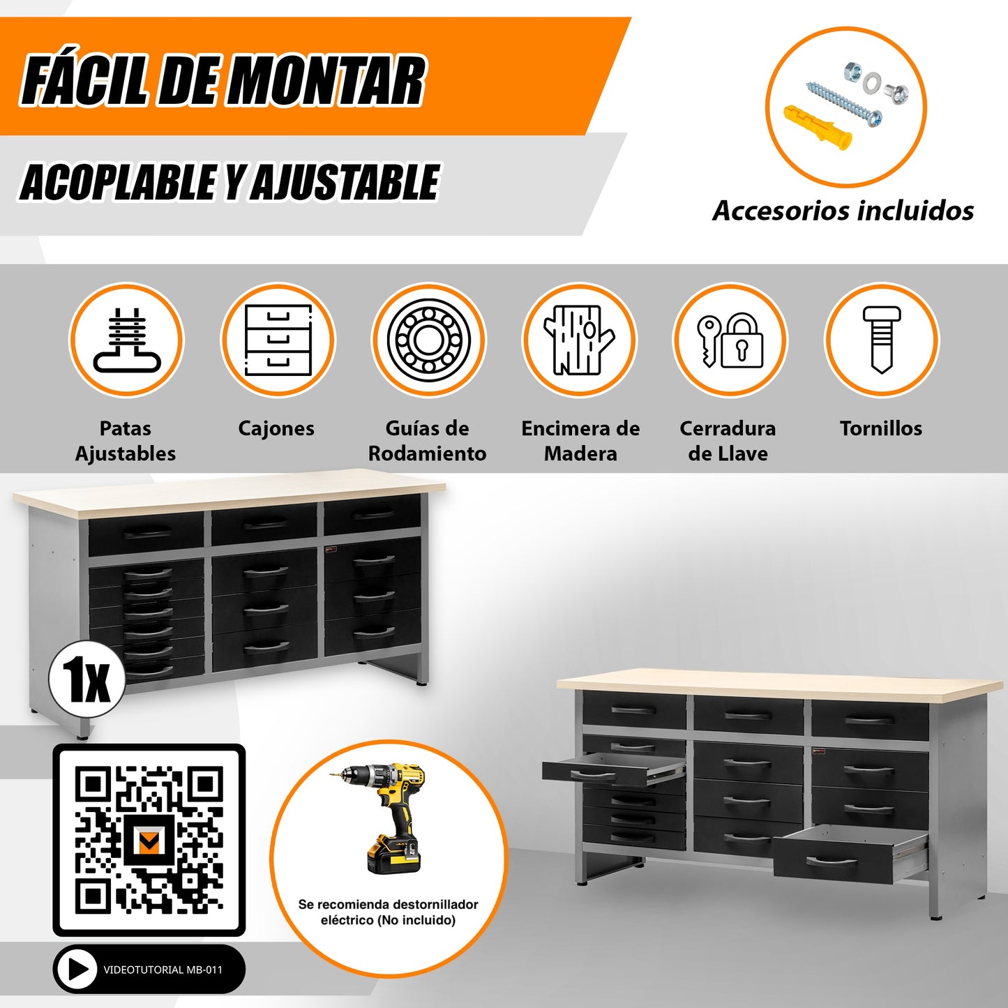 Pack Pack Profesional del Orden 2 – Banco de trabajo con 15 cajones y dos armarios murales dobles con cerradura para talleres y profesionales del bricolaje