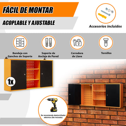 Armoire murale en métal à trois sections et deux portes avec serrure et clé et étagères intermédiaires 120 x 60 x 20 cm