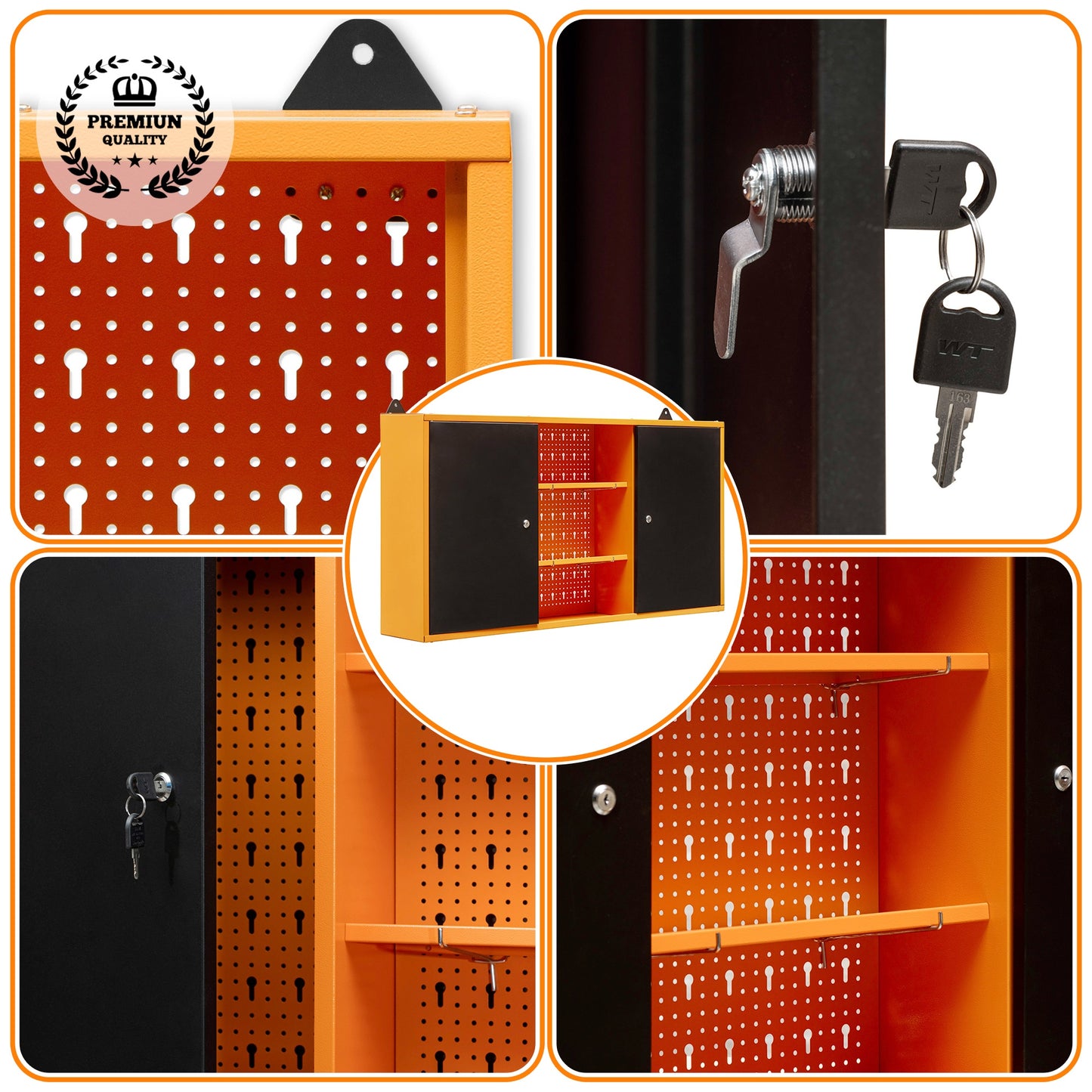 Armoire murale en métal à trois sections et deux portes avec serrure et clé et étagères intermédiaires 120 x 60 x 20 cm