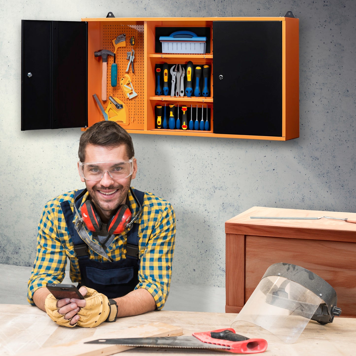 Armoire murale en métal à trois sections et deux portes avec serrure et clé et étagères intermédiaires 120 x 60 x 20 cm