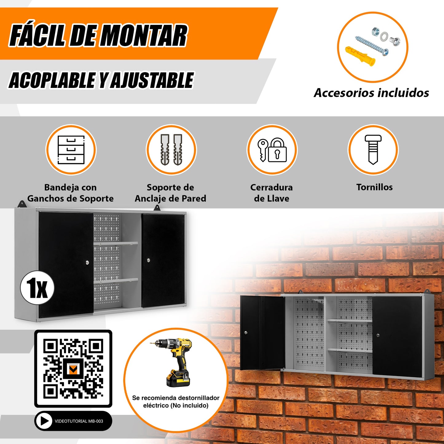 Armoire murale en métal à trois sections et deux portes avec serrure et clé et étagères intermédiaires 120 x 60 x 20 cm