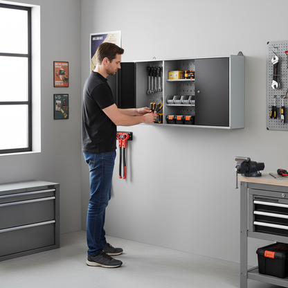 Mobiletto da parete in metallo a tre sezioni e due ante con serratura e chiave e ripiani intermedi 120x60x20 cm