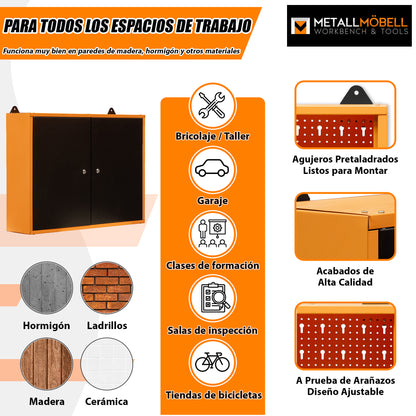 Pack Pack Profesional del Orden 2 – Banco de trabajo con 15 cajones y dos armarios murales dobles con cerradura para talleres y profesionales del bricolaje