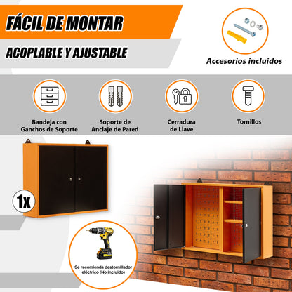 Pack Brico-Manitas 2 – Banco de trabajo con cajones y armarios, panel perforado y dos armarios metálicos de pared con cerradura para talleres y garajes