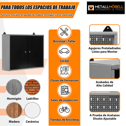 Pack Brico-Garaje 2 – Banco de trabajo con hueco central, paneles perforados y armarios superiores dobles con cerradura para taller y garaje