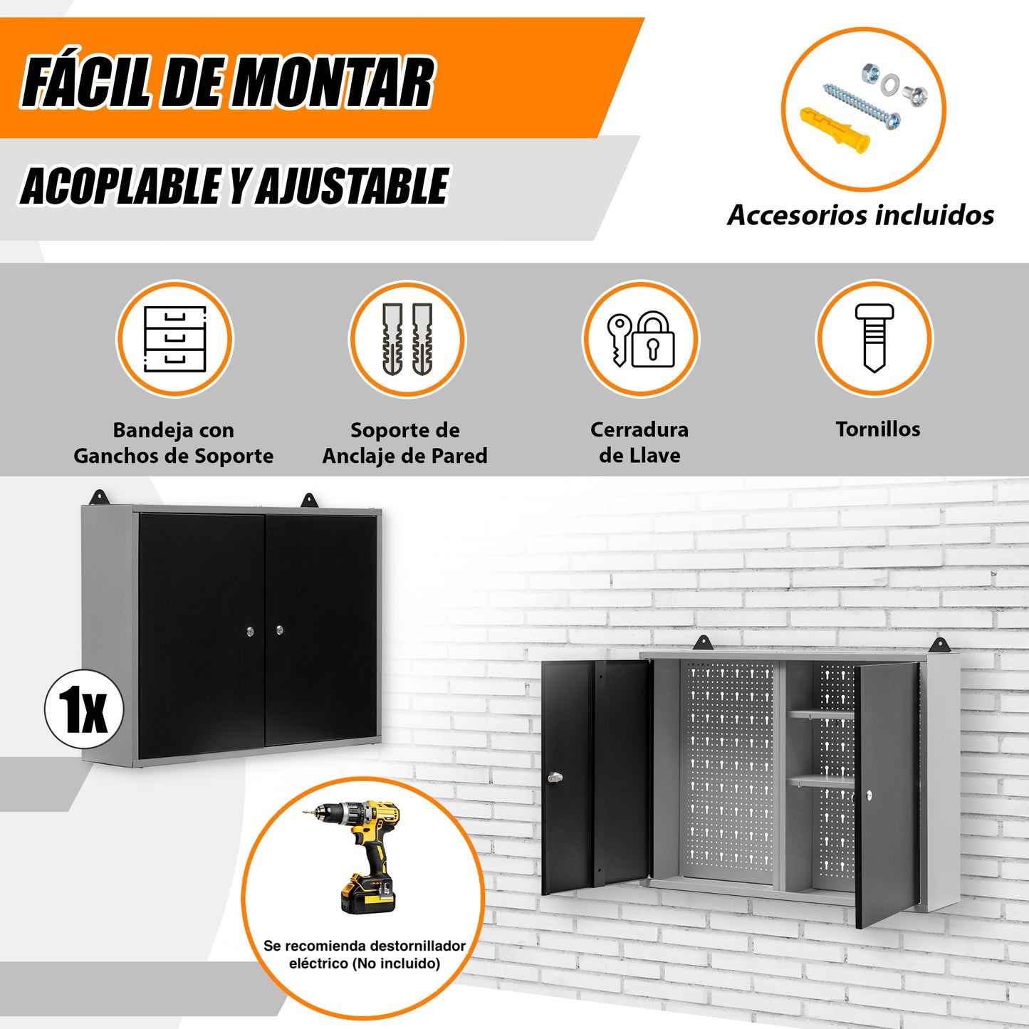Pack Pack Profesional del Orden 2 – Banco de trabajo con 15 cajones y dos armarios murales dobles con cerradura para talleres y profesionales del bricolaje