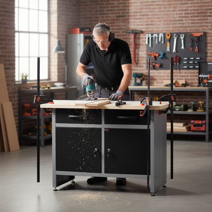 Banco da lavoro con gambe regolabili, cassetti e armadietti con serratura