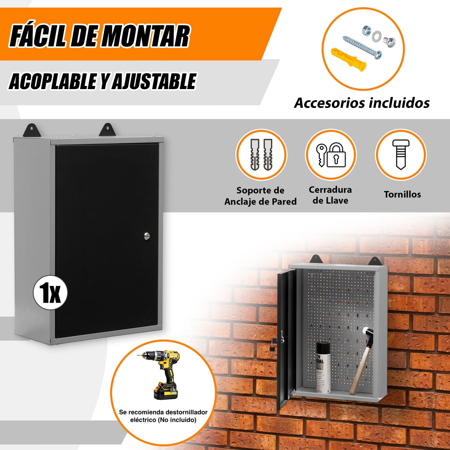 Armoire à outils murale en métal à une porte avec serrure et clé 40 x 60 x 20 cm