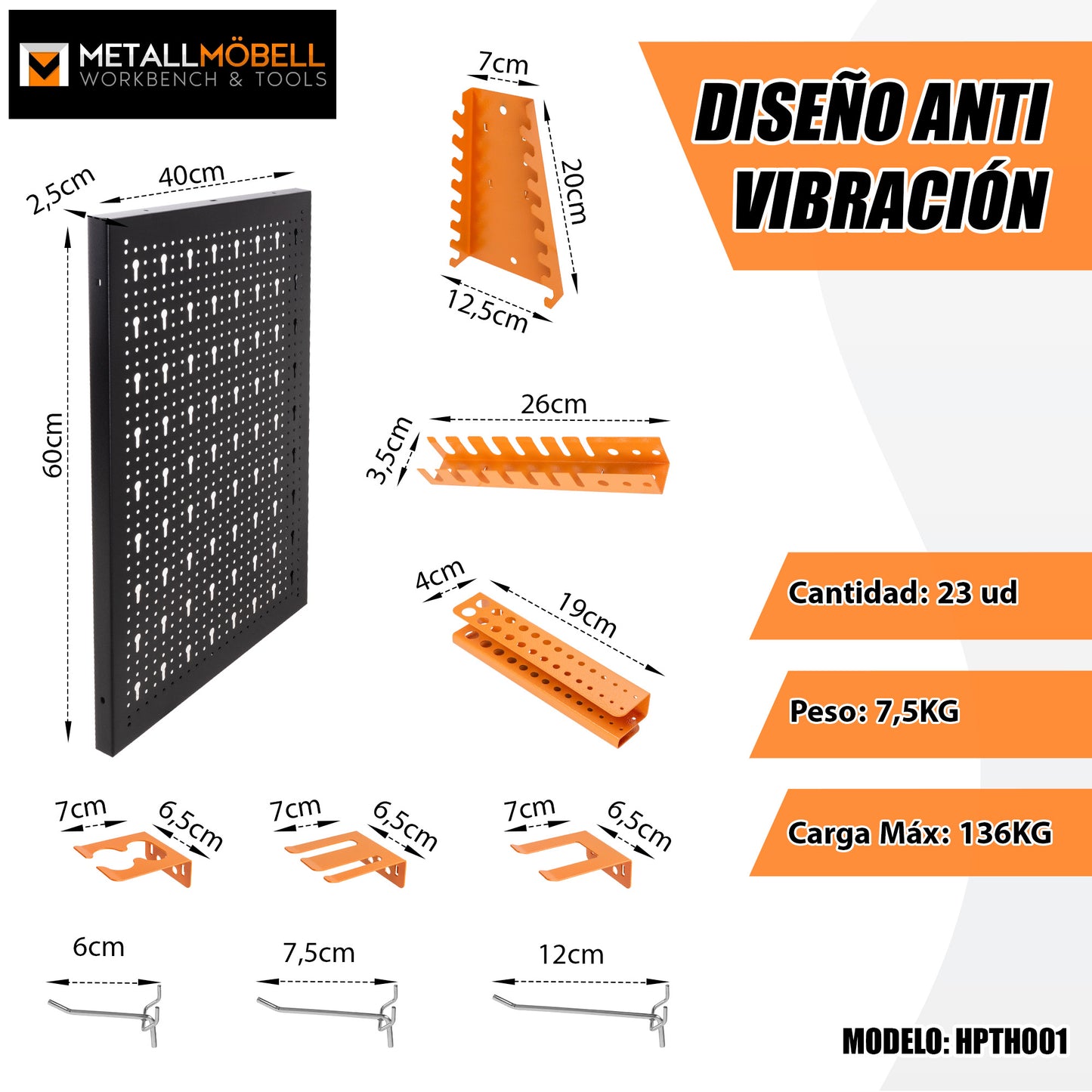 Kit de 4 Panneaux Perforés 40x60x2Cm + Crochet et Support Kit Outils d'Organisation 22 unités. HPTH001