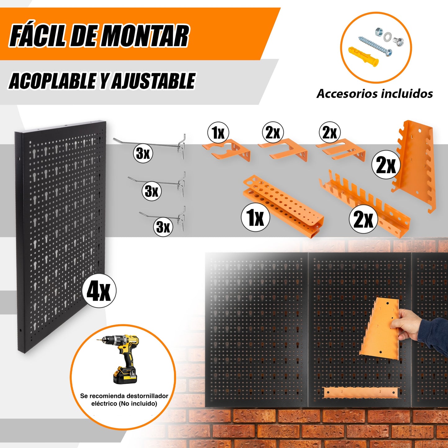 Kit de 4 Panneaux Perforés 40x60x2Cm + Crochet et Support Kit Outils d'Organisation 22 unités. HPTH001
