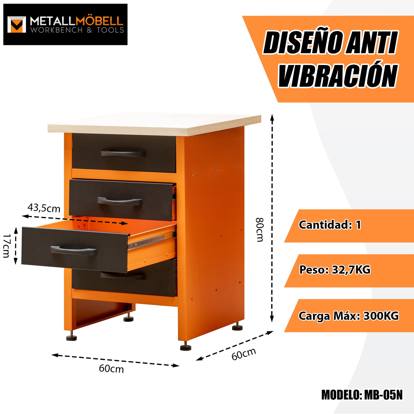 Banco da lavoro 60x60x84cm, con cassetto e armadietto. MB-004G e MB-004N.
