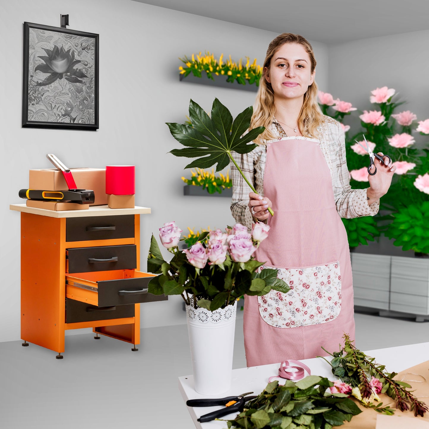 Banco da lavoro 60x60x84cm, con cassetto e armadietto. MB-004G e MB-004N.