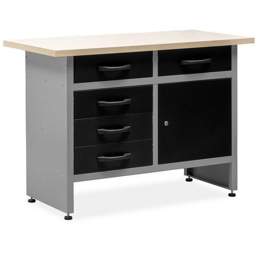 Work Table with Adjustable Legs, Multiple Drawers, and a Lockable Cabinet