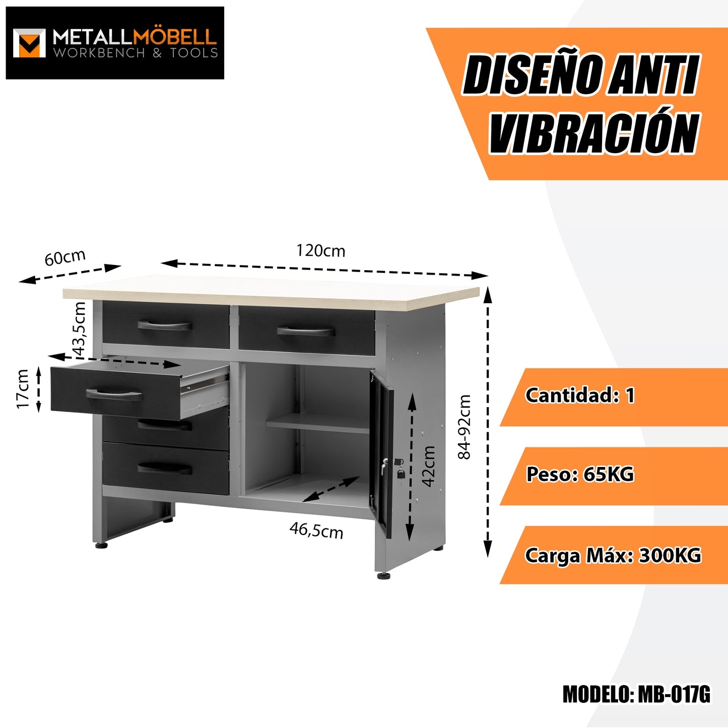 Table de travail avec pieds réglables, plusieurs tiroirs et armoire verrouillable