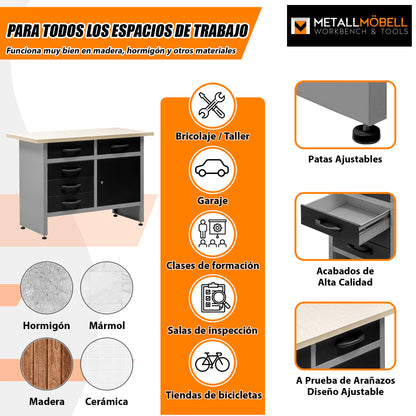 Table de travail avec pieds réglables, plusieurs tiroirs et armoire verrouillable