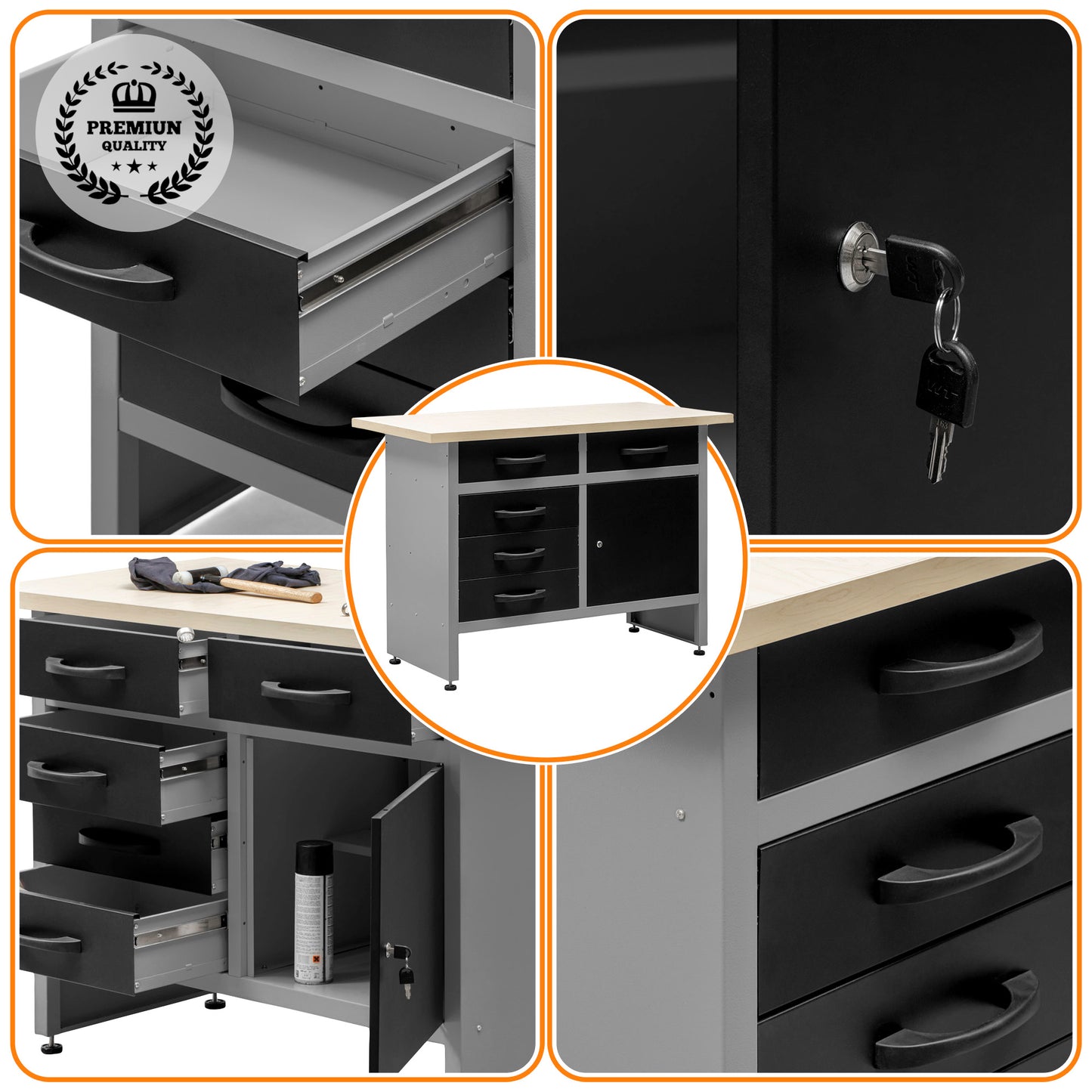 DIY King Pack 1 – Workbench with 5 drawers, wall cabinet and 2-meter high metal cabinet for total organization in the garage or workshop