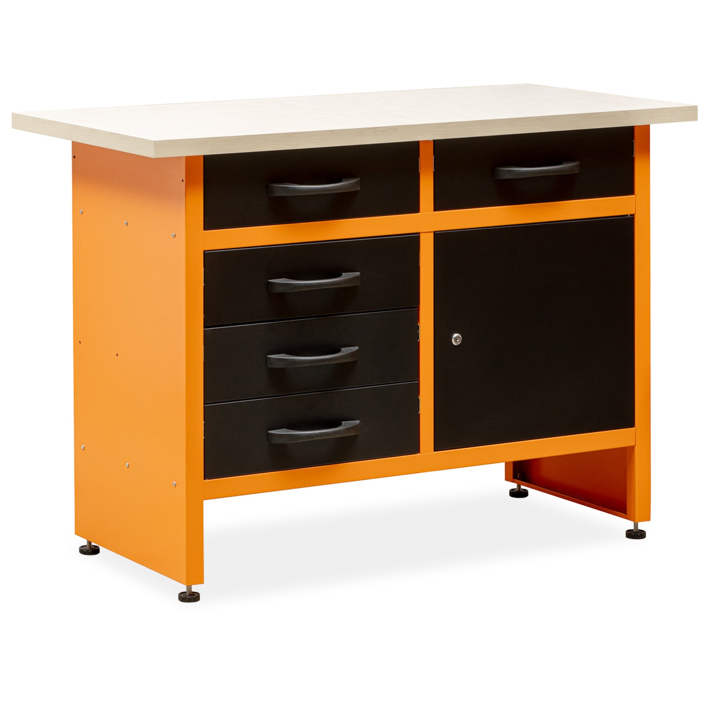 Table de travail avec pieds réglables, plusieurs tiroirs et armoire verrouillable