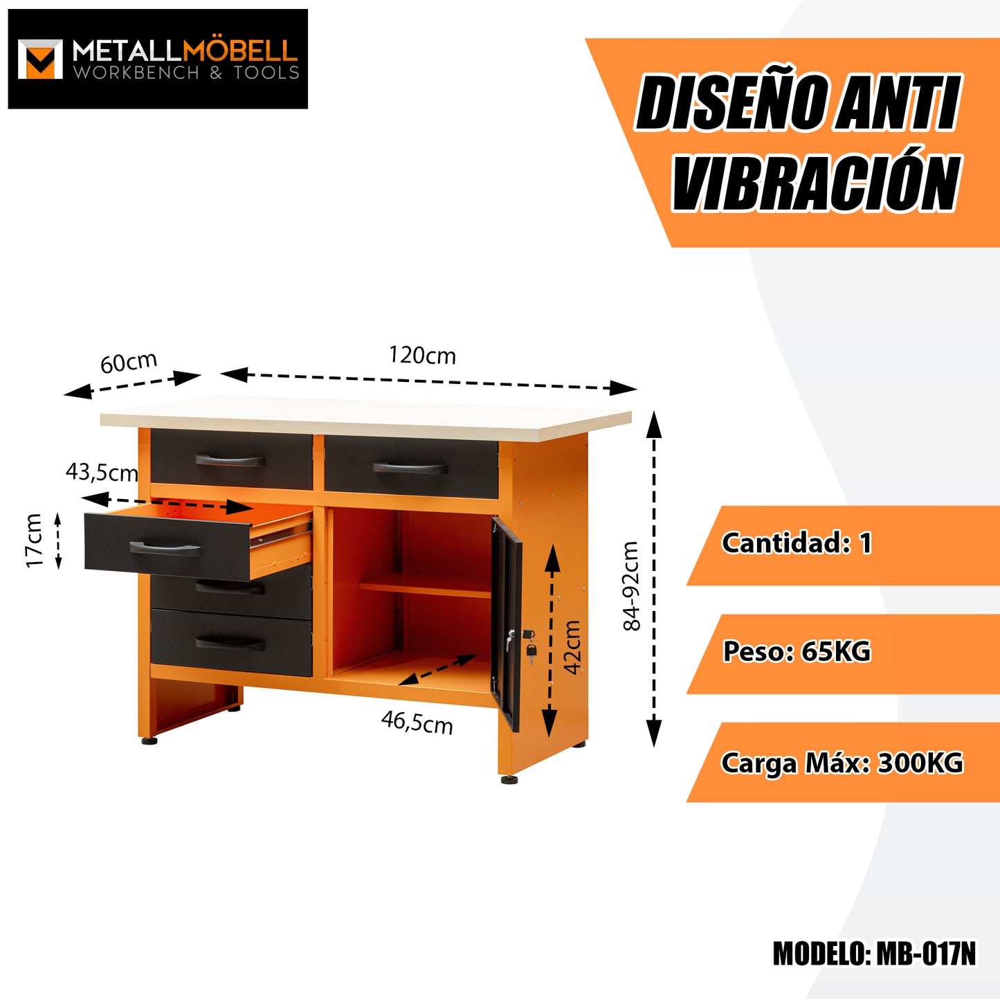 Table de travail avec pieds réglables, plusieurs tiroirs et armoire verrouillable
