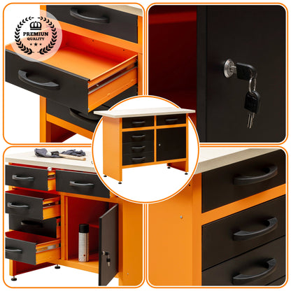 Table de travail avec pieds réglables, plusieurs tiroirs et armoire verrouillable