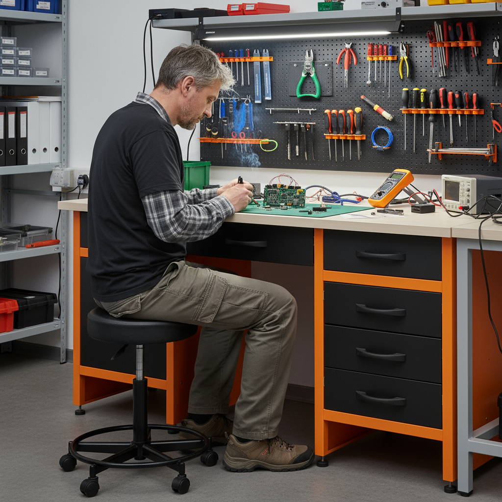 Banco da lavoro composto da 6 cassetti con un armadietto e 1 incavo centrale.