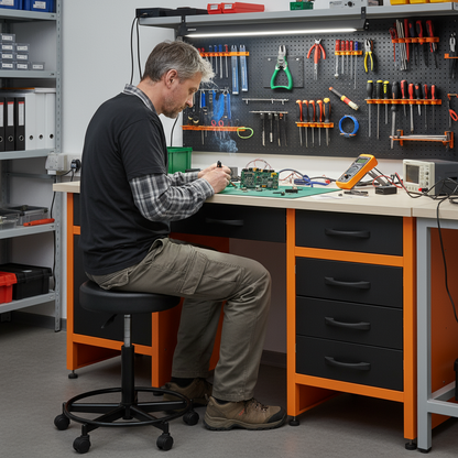 Banco da lavoro composto da 6 cassetti con un armadietto e 1 incavo centrale.