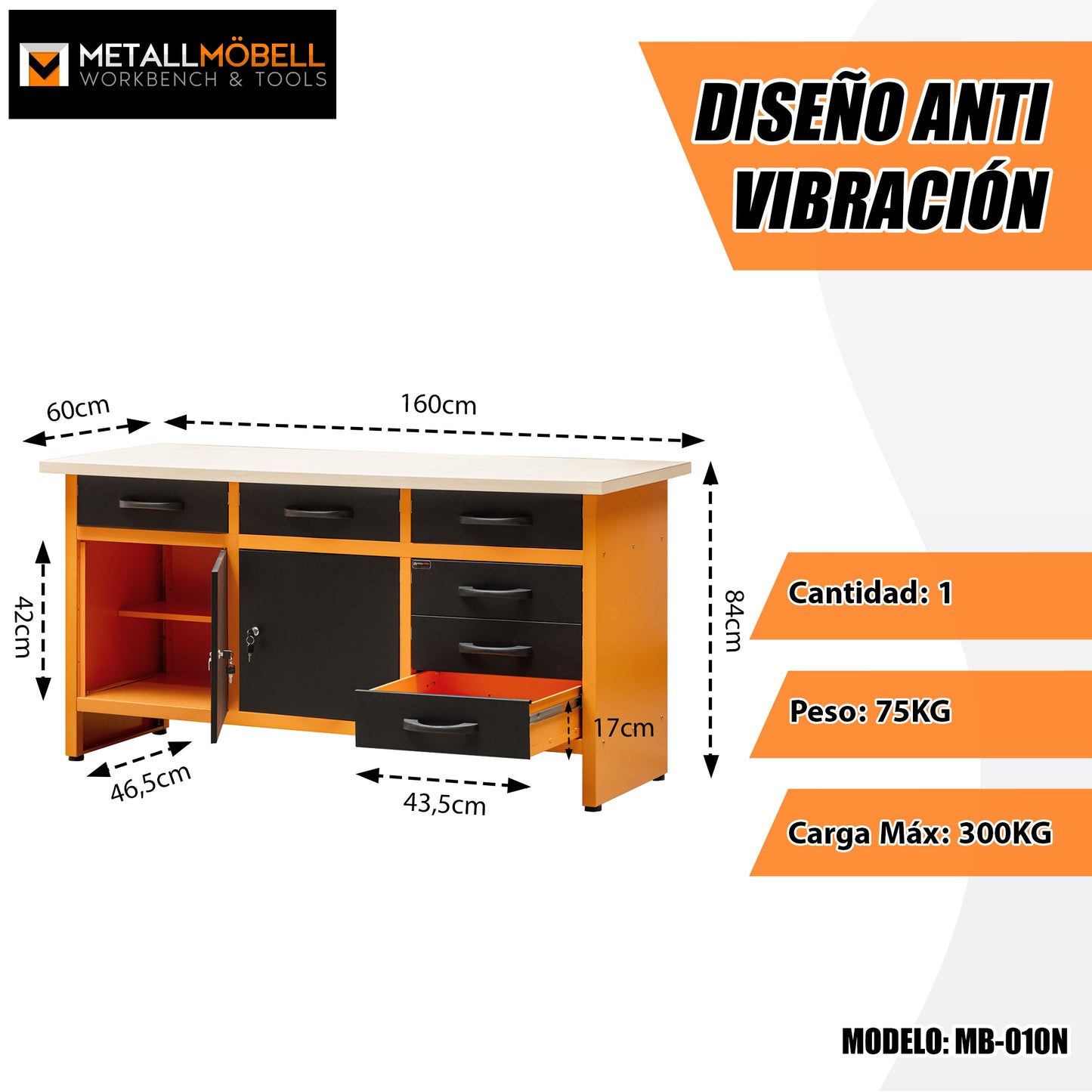 Kit fai da te 1 – Banco da lavoro con cassetti, armadietti da parete in metallo e pannello forato per officine e garage domestici