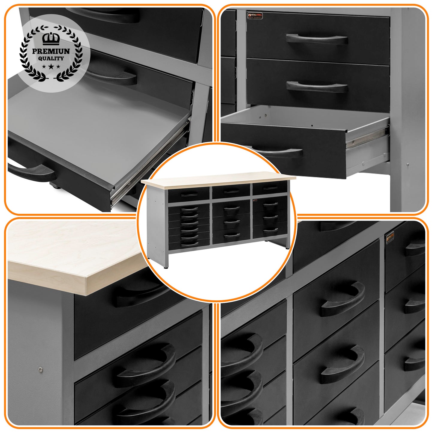 Pack de Trabajo Profesional - Banco de Trabajo con 15 Cajones y 2 Armarios Murales Dobles con Cerradura - MetallMöbell