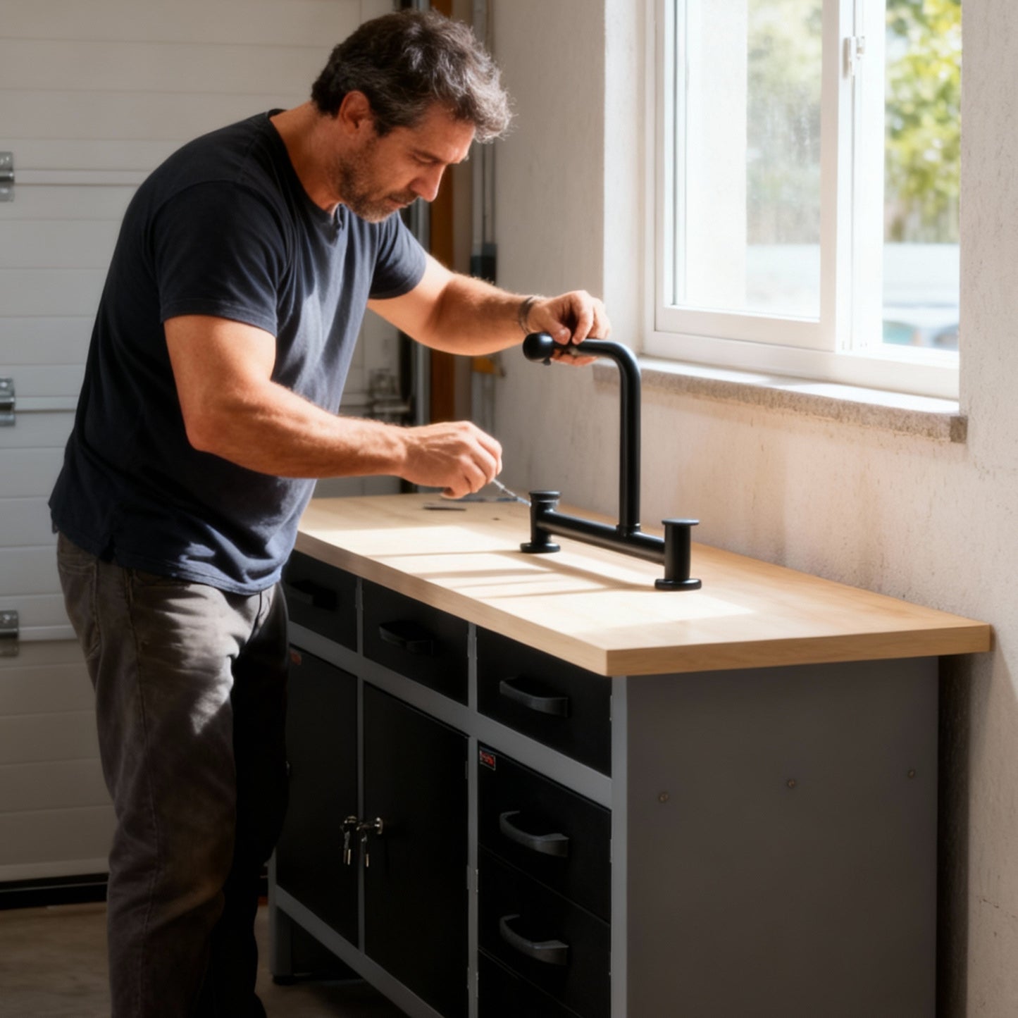 Banco da lavoro in metallo con 6 cassetti e 2 armadietti con serratura e chiave.