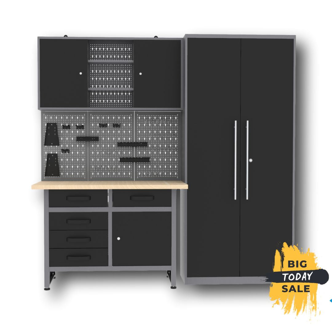 DIY King Pack 1 – Workbench with 5 drawers, wall cabinet and 2-meter high metal cabinet for total organization in the garage or workshop