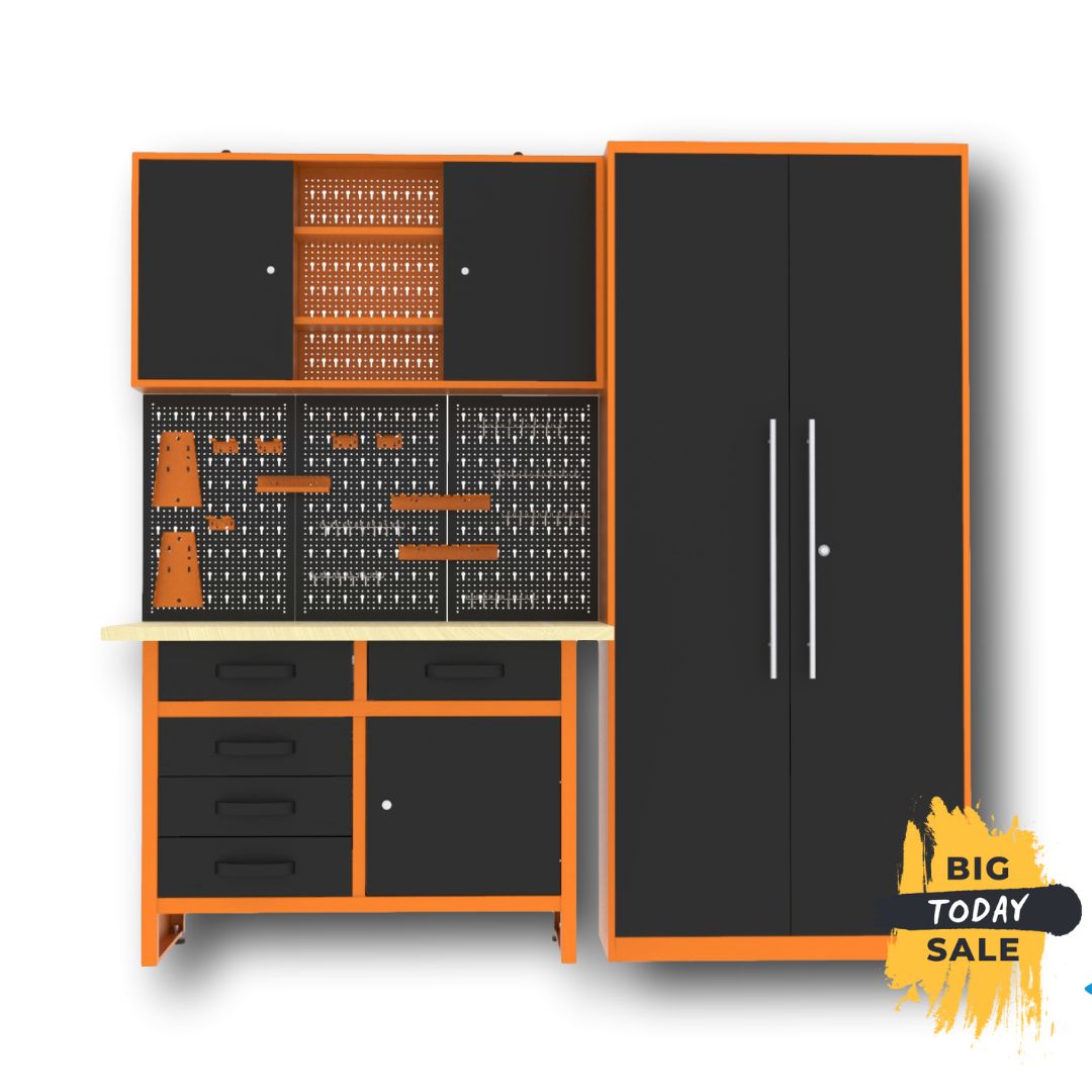 DIY King Pack 1 – Workbench with 5 drawers, wall cabinet and 2-meter high metal cabinet for total organization in the garage or workshop