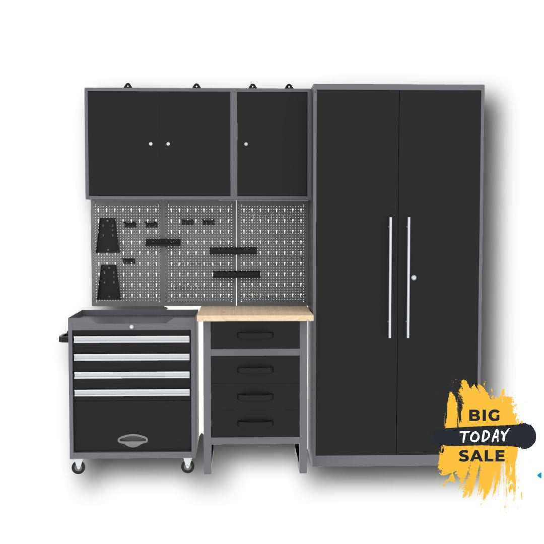 Brico Bikers 2 Pack – Compact workbench with tool trolley, wall cabinets and tall metal cabinet for professional organization in the garage or workshop