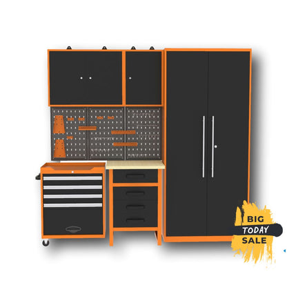 Brico Bikers 2 Pack – Compact workbench with tool trolley, wall cabinets and tall metal cabinet for professional organization in the garage or workshop
