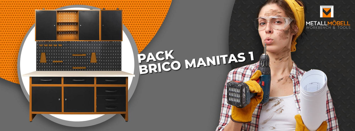 Pack Brico-Manitas 1: banco de trabajo con cajones, armarios de pared y panel perforado