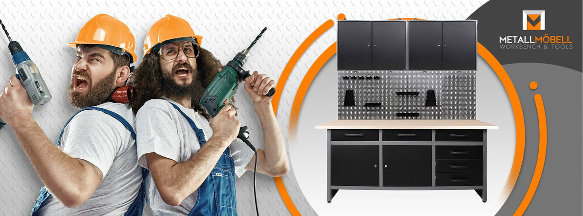 Pack Brico-Manitas 2: banco de trabajo con cajones y armarios, panel perforado y dos armarios de pared