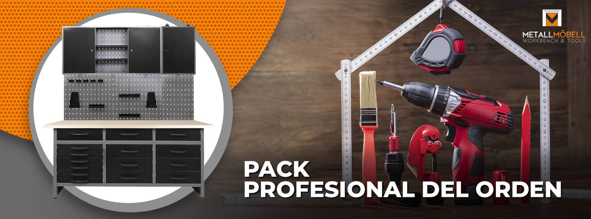 Pack Profesional del Orden: banco de trabajo con 15 cajones, armarios murales y panel perforado