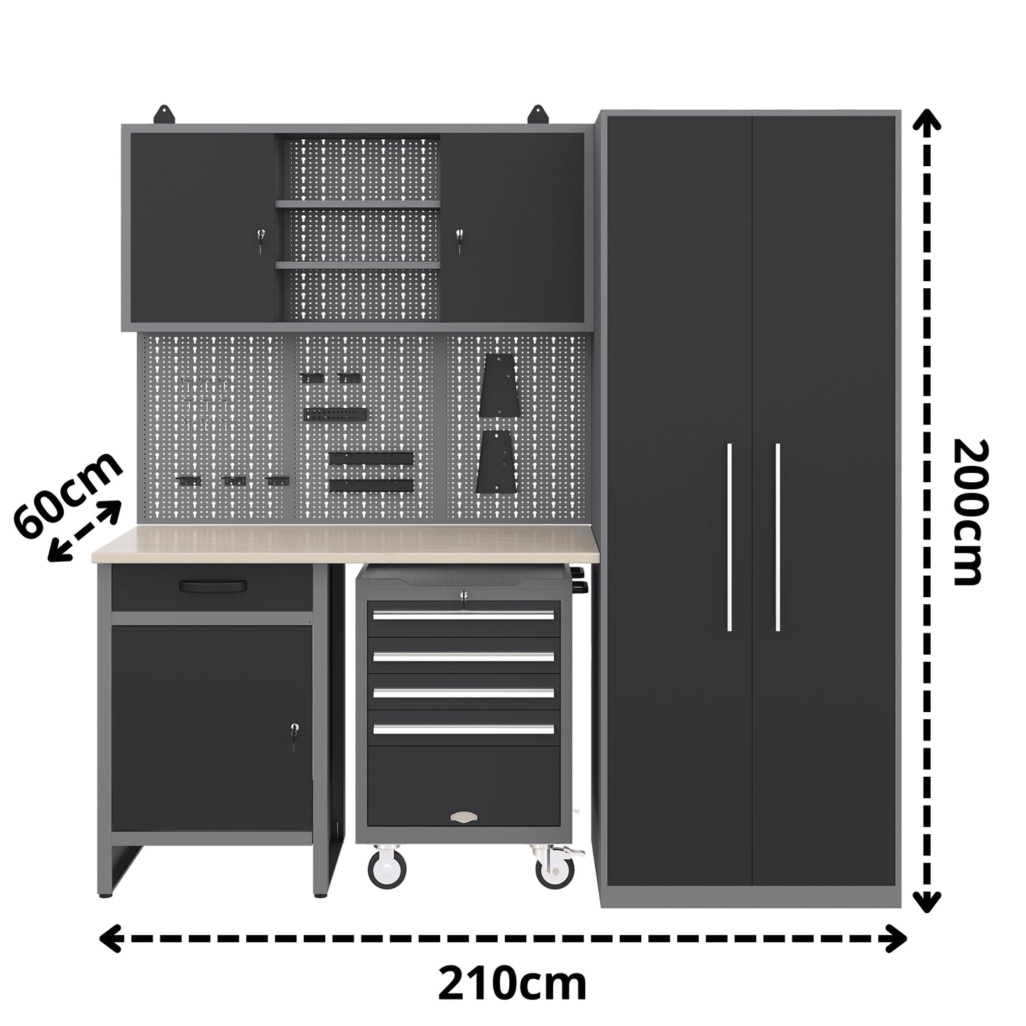 Brico Bikers 2 Pack – Banco da lavoro compatto con carrello portautensili, pensili e mobiletto alto in metallo per un'organizzazione professionale in garage o officina