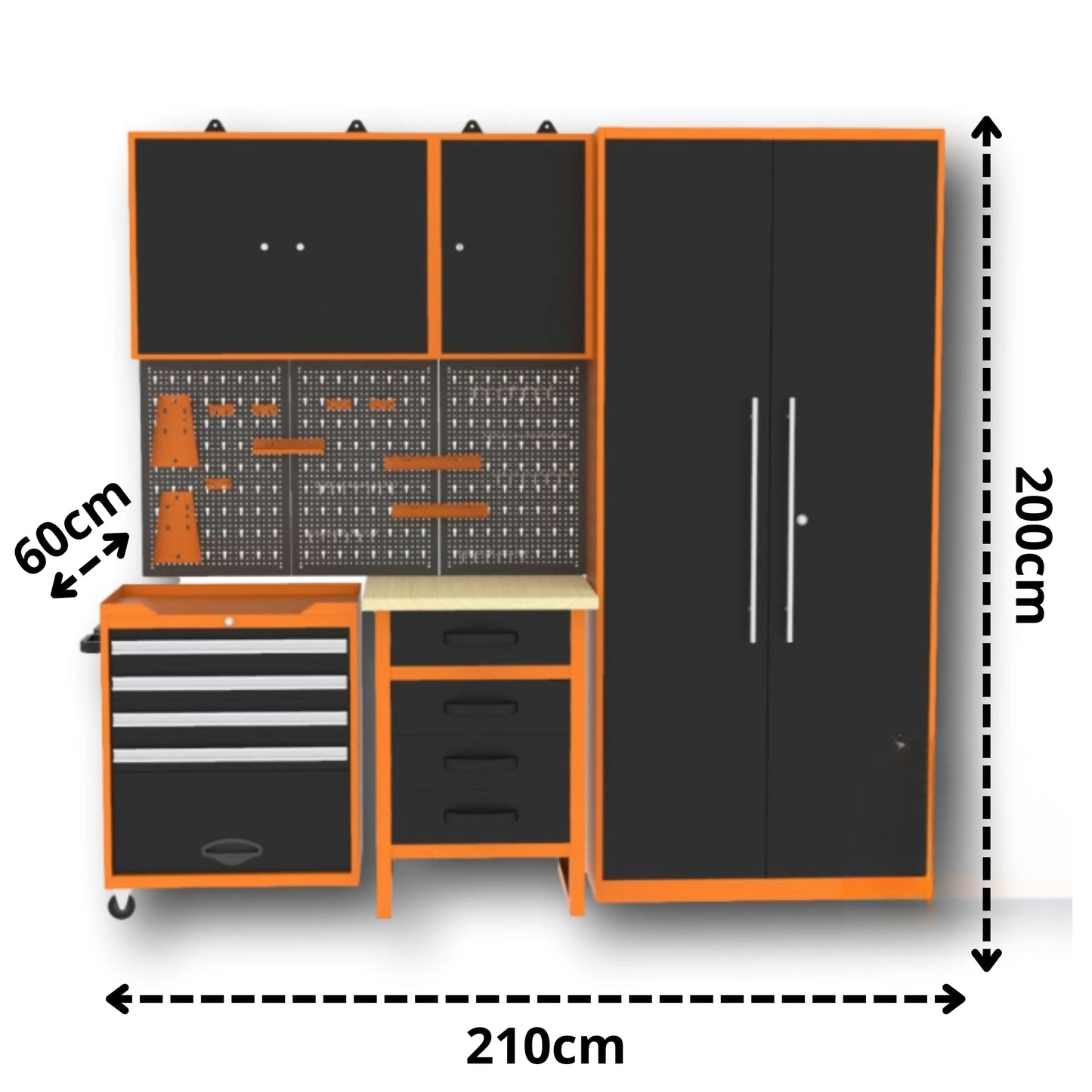 Brico Bikers 2 Pack – Banco da lavoro compatto con carrello portautensili, pensili e mobiletto alto in metallo per un'organizzazione professionale in garage o officina