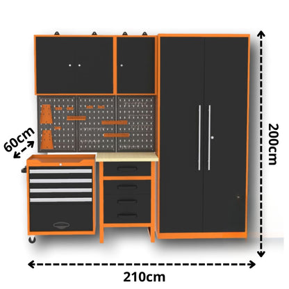 Brico Bikers 2 Pack – Banco da lavoro compatto con carrello portautensili, pensili e mobiletto alto in metallo per un'organizzazione professionale in garage o officina