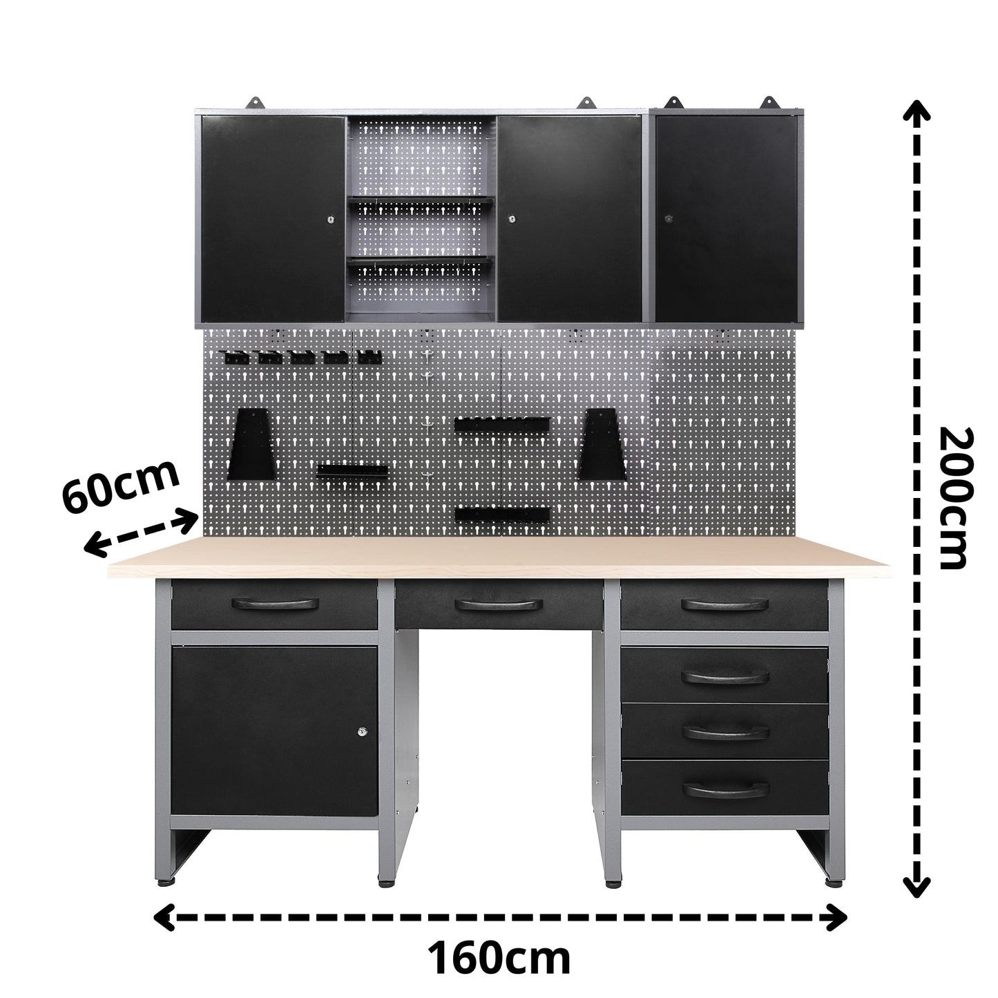 Pacchetto Garage Fai da Te 1 – Banco da lavoro con nicchia centrale, pannelli forati e armadietti metallici con serratura per officine e garage