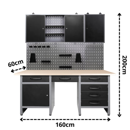 Pacchetto Garage Fai da Te 1 – Banco da lavoro con nicchia centrale, pannelli forati e armadietti metallici con serratura per officine e garage