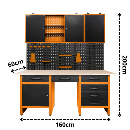 Pacchetto Garage Fai da Te 1 – Banco da lavoro con nicchia centrale, pannelli forati e armadietti metallici con serratura per officine e garage