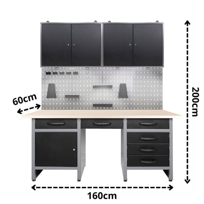 Brico-Garage 2 Pack – Banco da lavoro con nicchia centrale, pannelli forati e doppi armadietti superiori con serratura per officina e garage