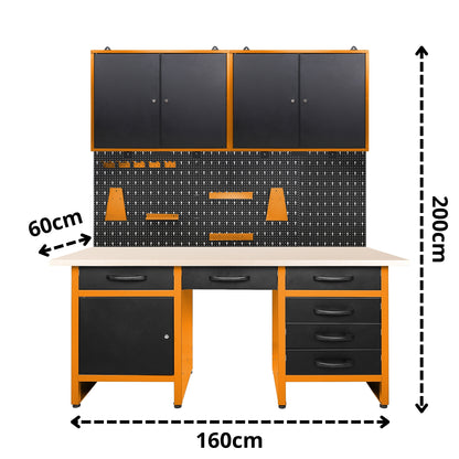 Brico-Garage 2 Pack – Banco da lavoro con nicchia centrale, pannelli forati e doppi armadietti superiori con serratura per officina e garage