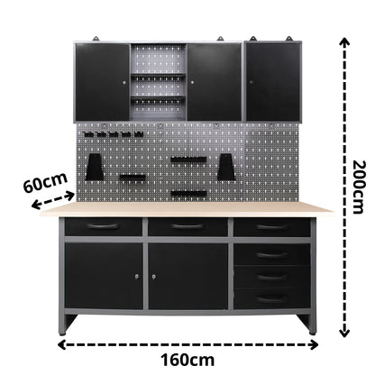 Kit fai da te 1 – Banco da lavoro con cassetti, armadietti da parete in metallo e pannello forato per officine e garage domestici