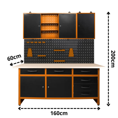 Kit fai da te 1 – Banco da lavoro con cassetti, armadietti da parete in metallo e pannello forato per officine e garage domestici
